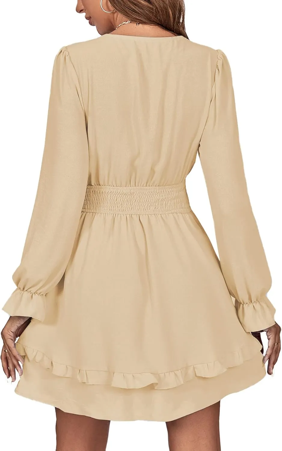 LYANER Women's Tie Front Plunge V Neck Ruffle Layer Long Sleeve Sexy Mini Dress