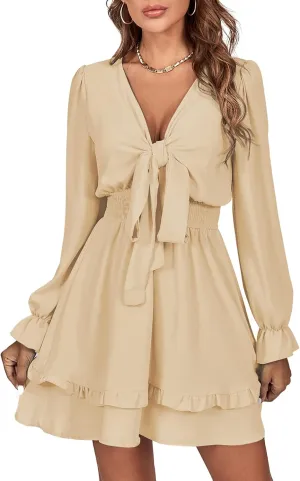 LYANER Women's Tie Front Plunge V Neck Ruffle Layer Long Sleeve Sexy Mini Dress