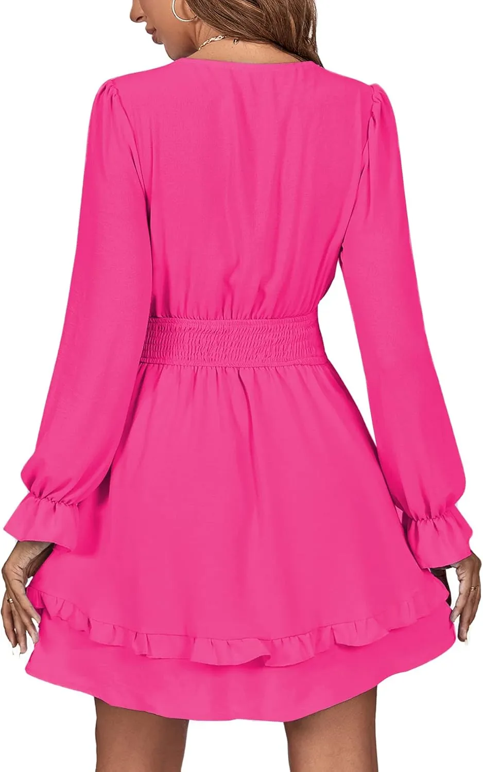 LYANER Women's Tie Front Plunge V Neck Ruffle Layer Long Sleeve Sexy Mini Dress