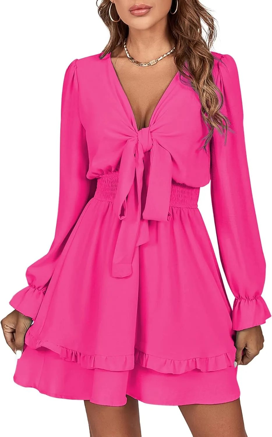 LYANER Women's Tie Front Plunge V Neck Ruffle Layer Long Sleeve Sexy Mini Dress