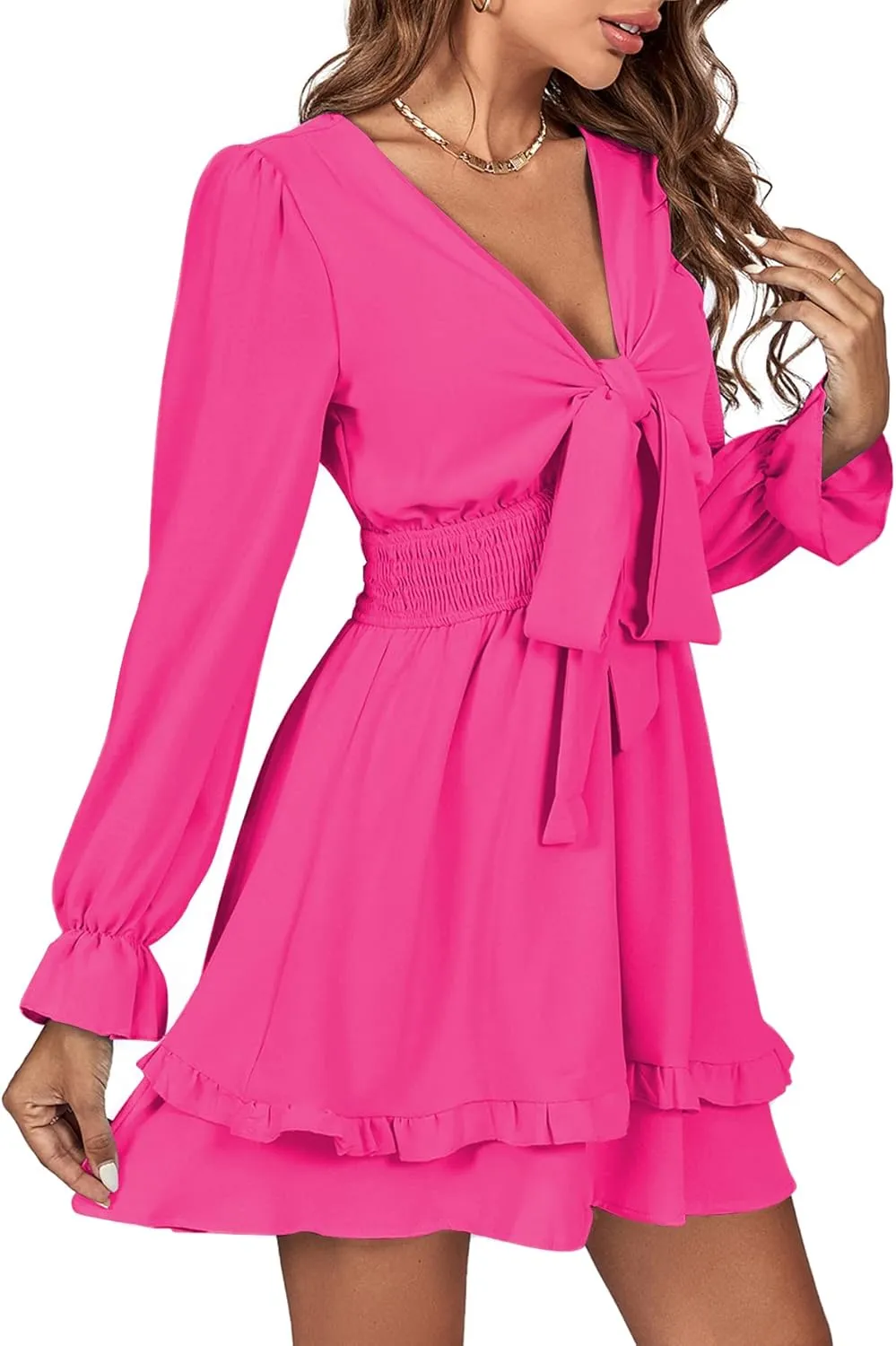LYANER Women's Tie Front Plunge V Neck Ruffle Layer Long Sleeve Sexy Mini Dress