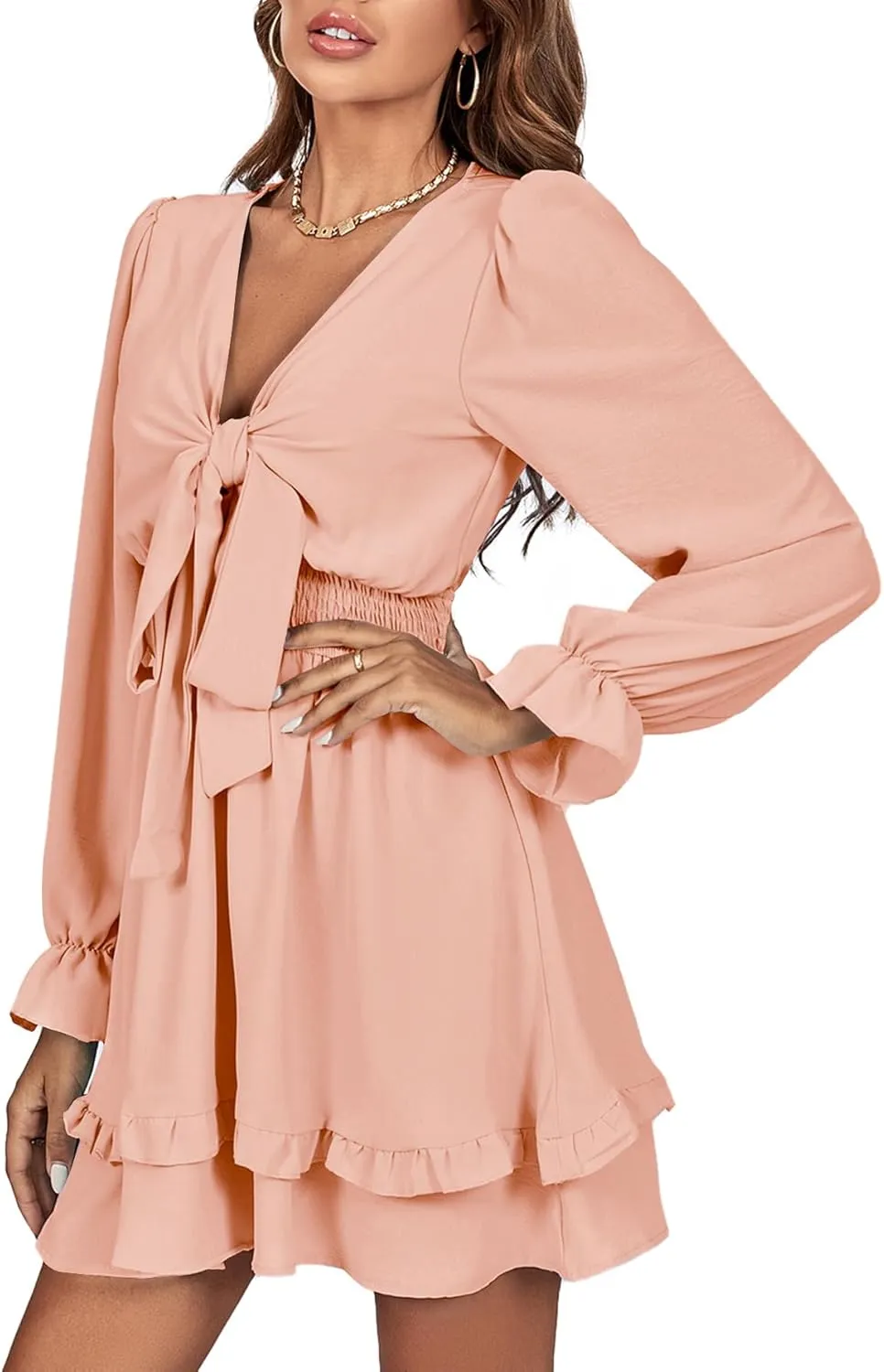 LYANER Women's Tie Front Plunge V Neck Ruffle Layer Long Sleeve Sexy Mini Dress