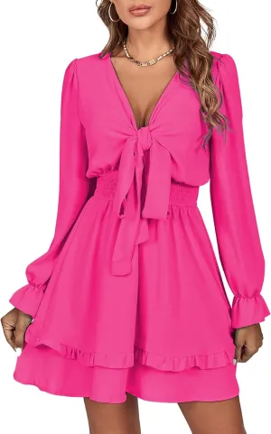 LYANER Women's Tie Front Plunge V Neck Ruffle Layer Long Sleeve Sexy Mini Dress