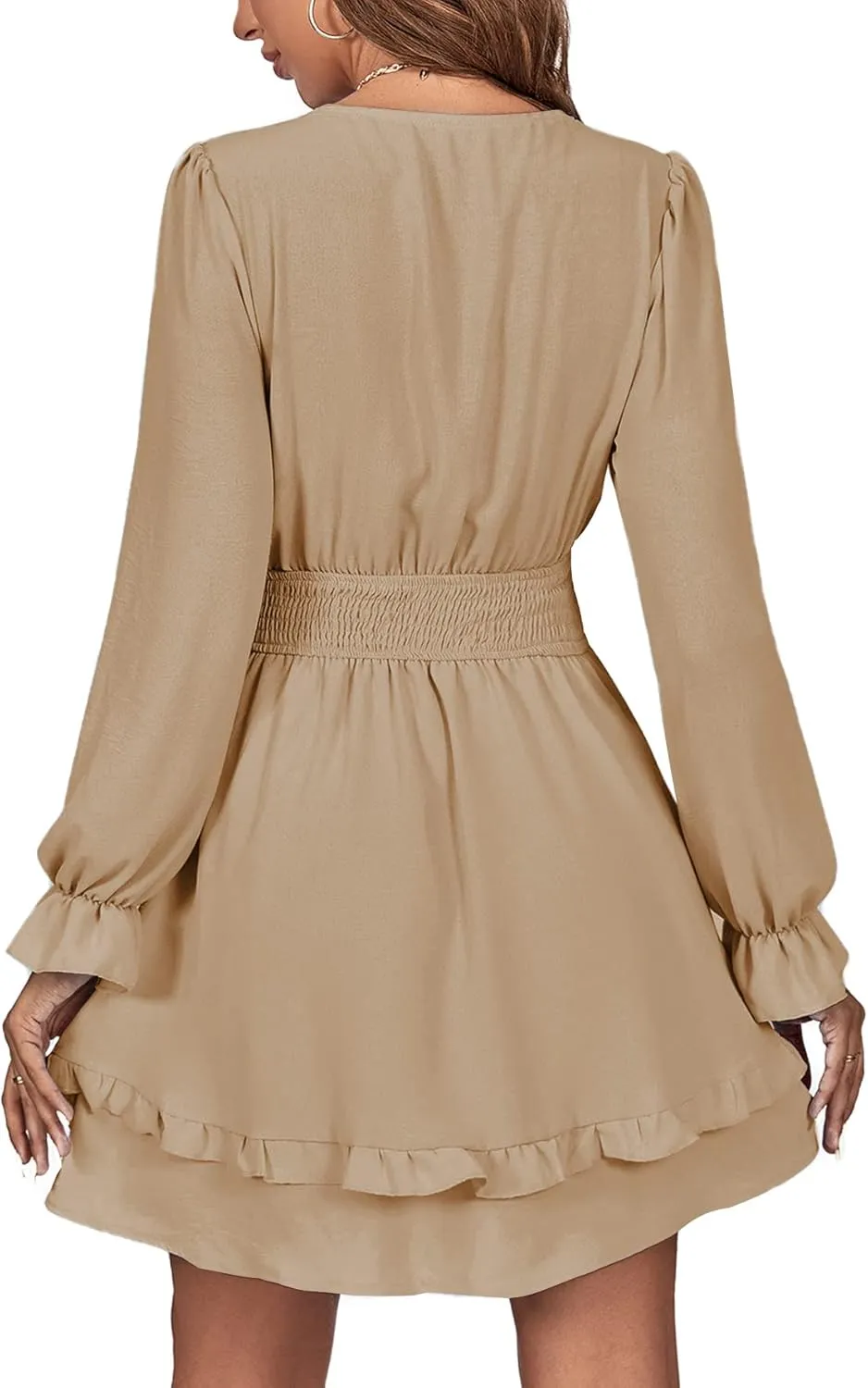 LYANER Women's Tie Front Plunge V Neck Ruffle Layer Long Sleeve Sexy Mini Dress