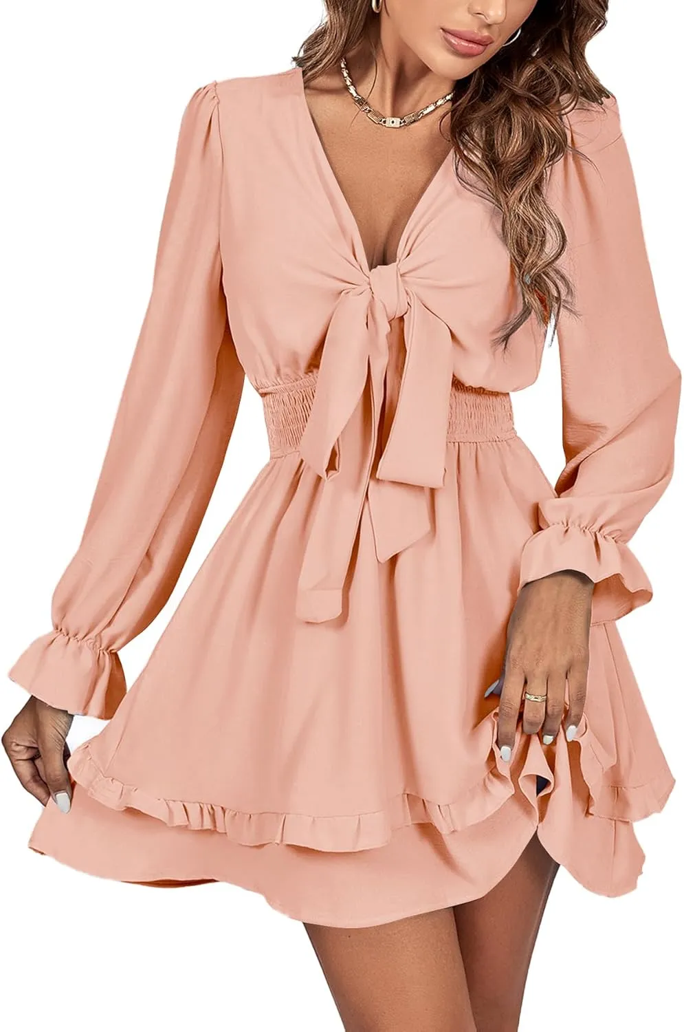 LYANER Women's Tie Front Plunge V Neck Ruffle Layer Long Sleeve Sexy Mini Dress