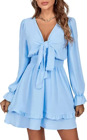 LYANER Women's Tie Front Plunge V Neck Ruffle Layer Long Sleeve Sexy Mini Dress