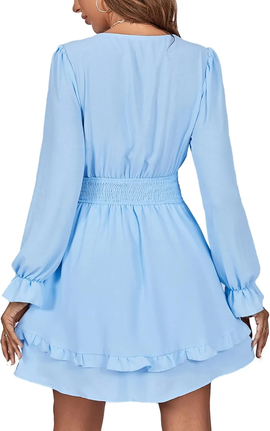 LYANER Women's Tie Front Plunge V Neck Ruffle Layer Long Sleeve Sexy Mini Dress