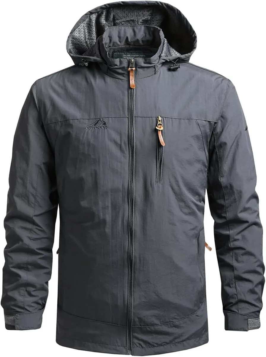 Men's Waterproof Hooded Outdoor Jacket Lightweight Windbreaker Durable Hiking Coat for Spring and Fall