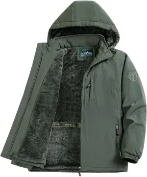 Men's Winter Waterproof Hooded Jacket, Warm Fleece-Lined Windbreaker, Insulated Outdoor Coat