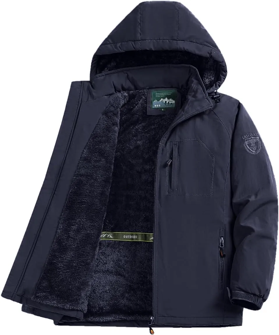 Men's Winter Waterproof Hooded Jacket, Warm Fleece-Lined Windbreaker, Insulated Outdoor Coat
