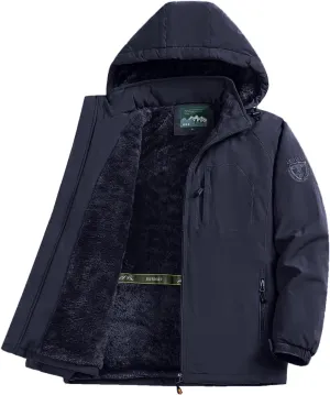 Men's Winter Waterproof Hooded Jacket, Warm Fleece-Lined Windbreaker, Insulated Outdoor Coat
