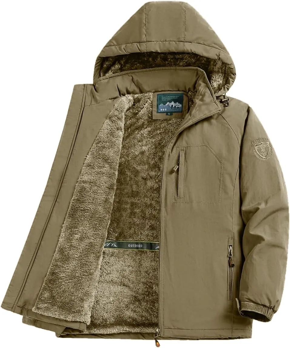 Men's Winter Waterproof Hooded Jacket, Warm Fleece-Lined Windbreaker, Insulated Outdoor Coat
