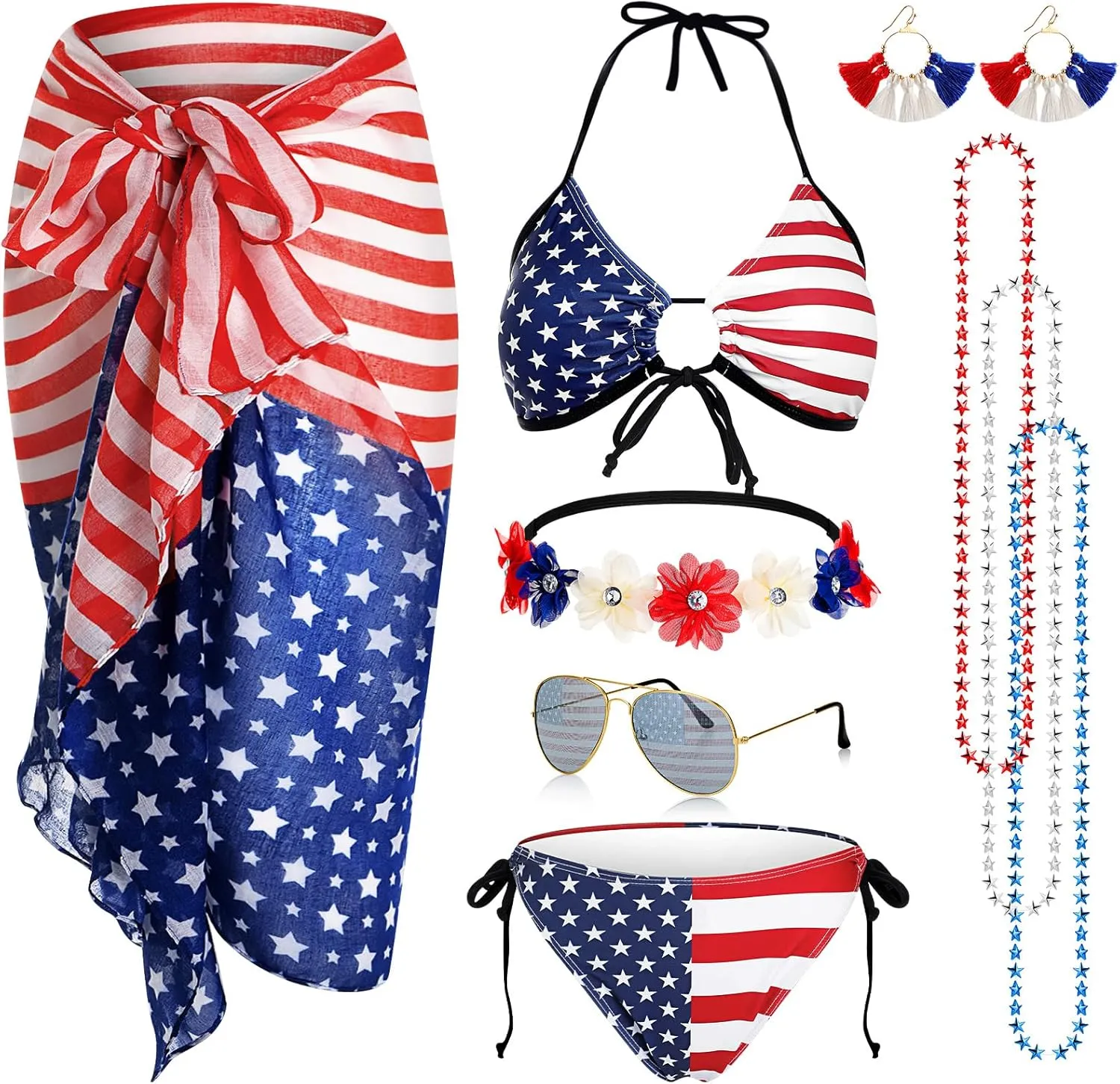 Mepase 8pcs American Flag Bikini Patriotic Set 4th July Scarf Headband Earring Star Necklace Sunglass Women Swimsuit