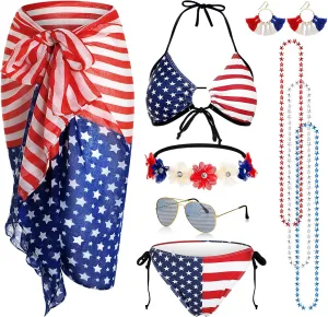 Mepase 8pcs American Flag Bikini Patriotic Set 4th July Scarf Headband Earring Star Necklace Sunglass Women Swimsuit