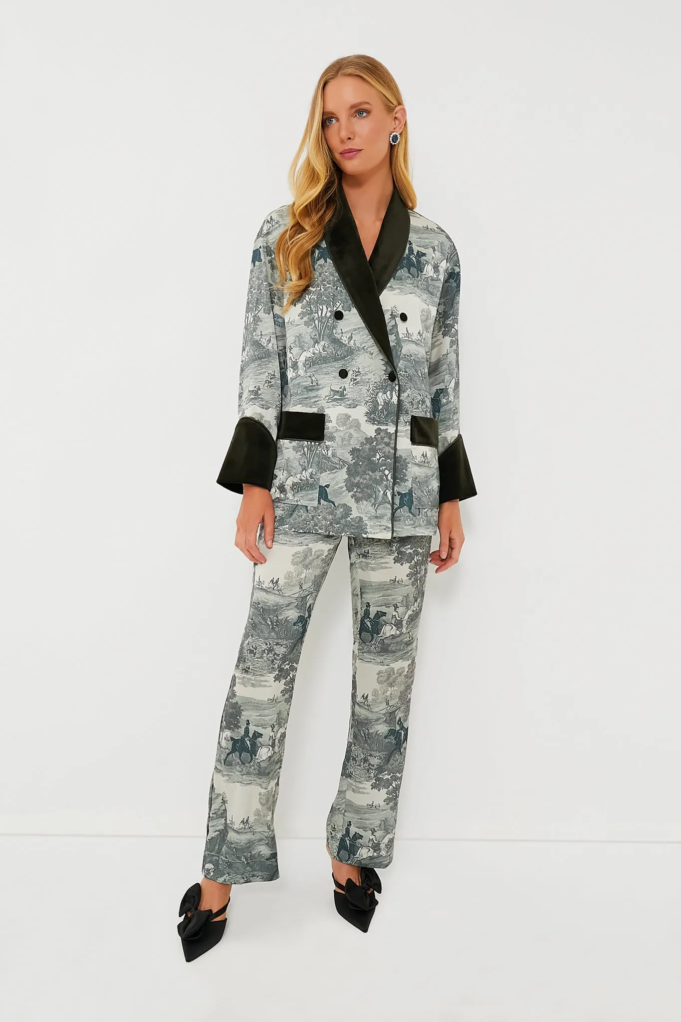 Middleburg Toile Velvet Trim Smoking Jacket