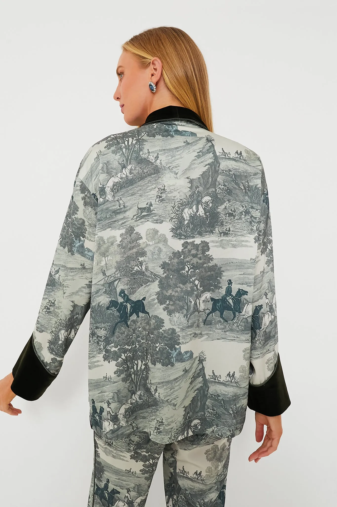 Middleburg Toile Velvet Trim Smoking Jacket