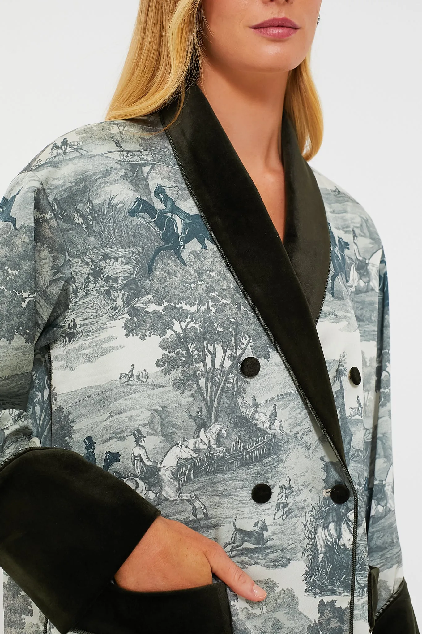 Middleburg Toile Velvet Trim Smoking Jacket