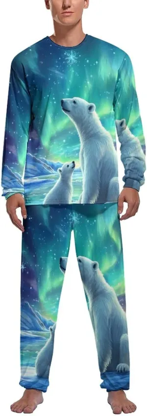Northern Lights Polar Bear Mens Pajamas Set Long Sleeves Sleepwear Loungewear PJ Set Lounge Set Sleep Set