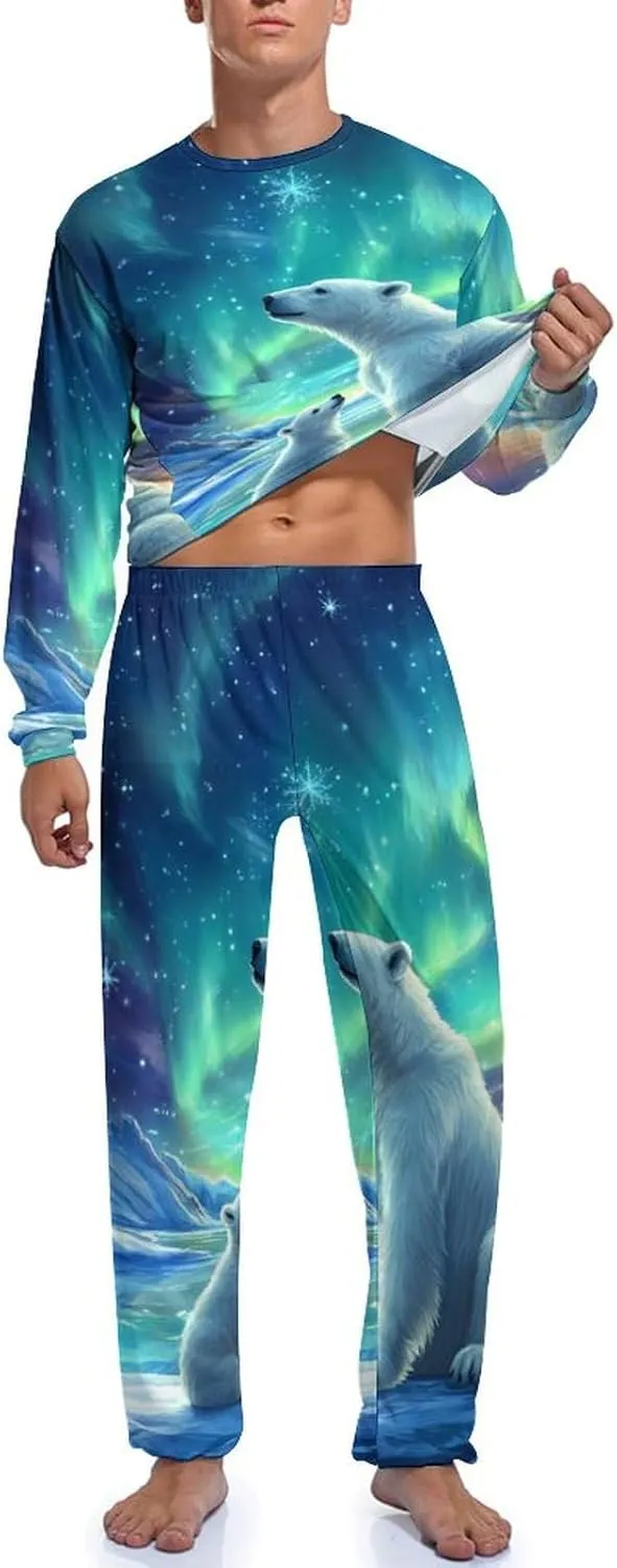 Northern Lights Polar Bear Mens Pajamas Set Long Sleeves Sleepwear Loungewear PJ Set Lounge Set Sleep Set