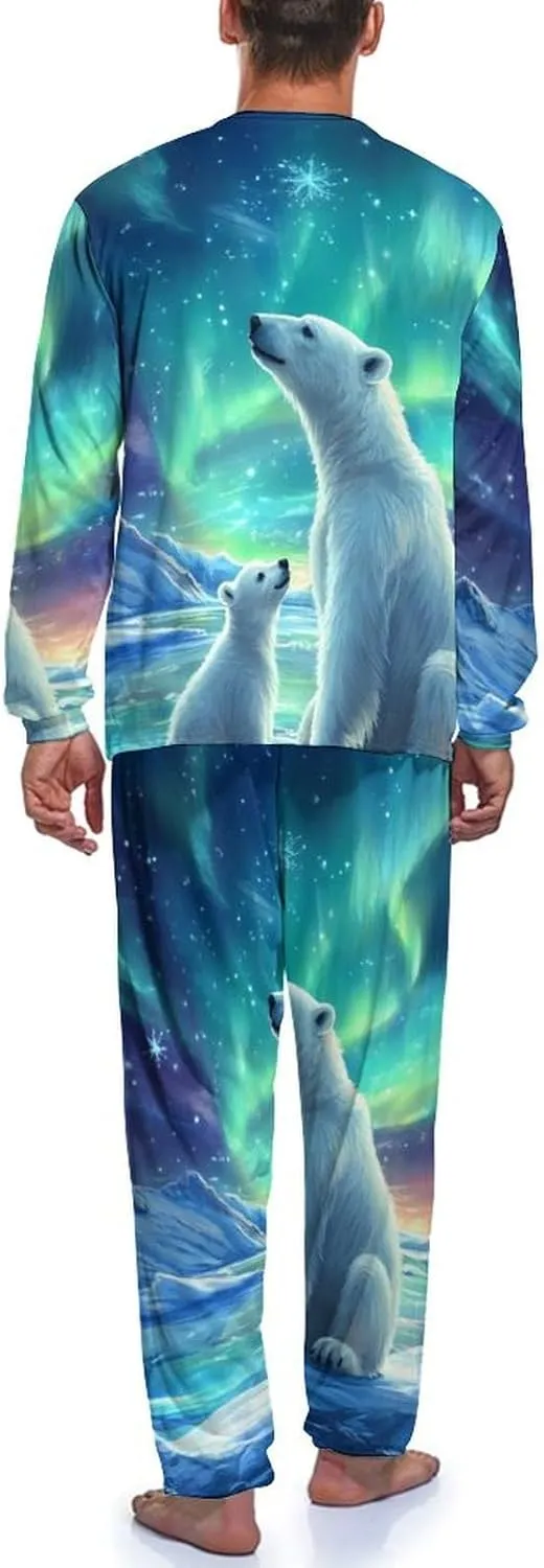 Northern Lights Polar Bear Mens Pajamas Set Long Sleeves Sleepwear Loungewear PJ Set Lounge Set Sleep Set