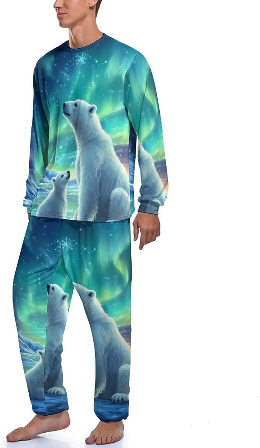 Northern Lights Polar Bear Mens Pajamas Set Long Sleeves Sleepwear Loungewear PJ Set Lounge Set Sleep Set