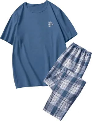 OYOANGLE Men's 2 Piece Pajama Set Short Sleeve Sleepwear Set with Short Sleeve Top and Pants Lounge Set