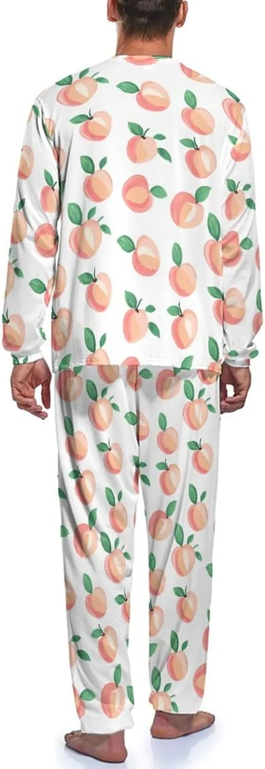 Peach Pattern Mens Pajamas Set Long Sleeves Sleepwear Loungewear PJ Set Lounge Set Sleep Set
