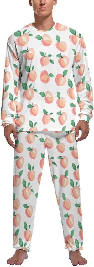 Peach Pattern Mens Pajamas Set Long Sleeves Sleepwear Loungewear PJ Set Lounge Set Sleep Set