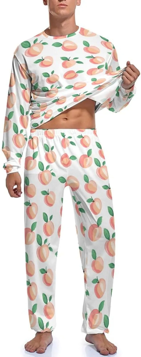 Peach Pattern Mens Pajamas Set Long Sleeves Sleepwear Loungewear PJ Set Lounge Set Sleep Set