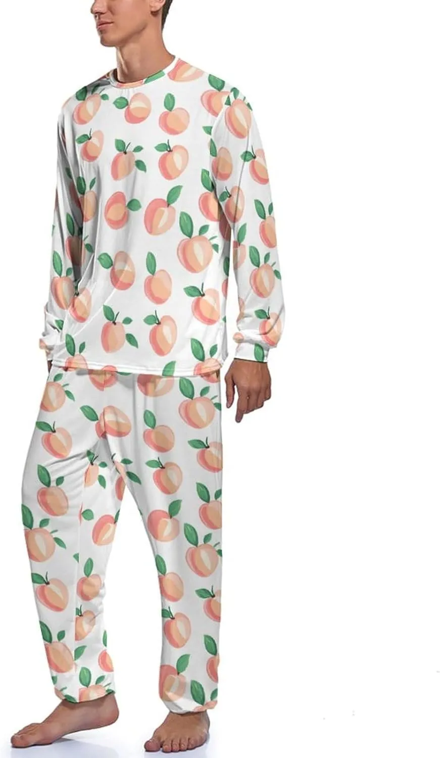 Peach Pattern Mens Pajamas Set Long Sleeves Sleepwear Loungewear PJ Set Lounge Set Sleep Set