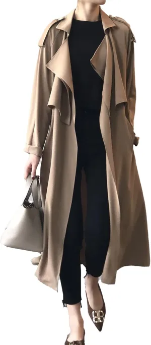PEHMEA Women's Long Trench Coat Belted Windbreaker Lapel Open Front Weatherproof Outerwear