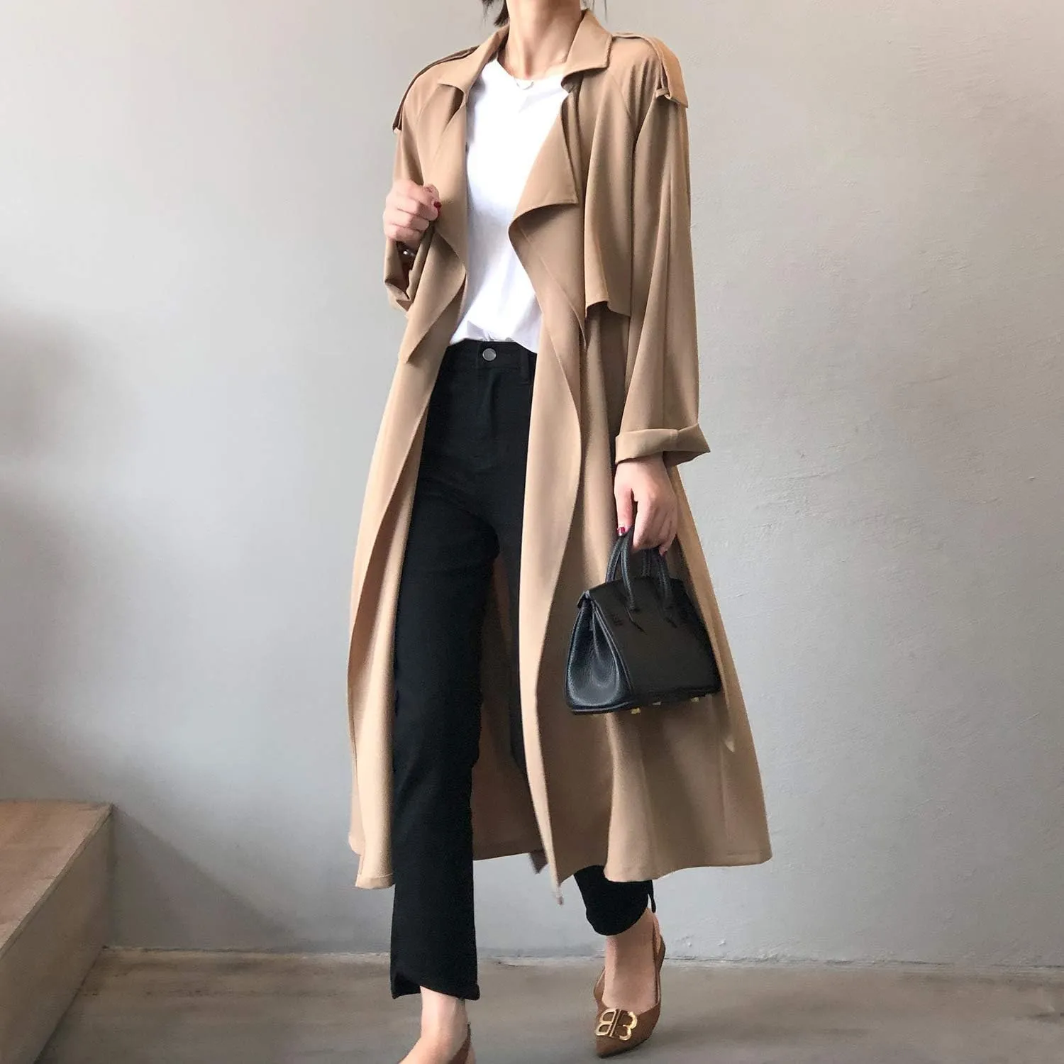 PEHMEA Women's Long Trench Coat Belted Windbreaker Lapel Open Front Weatherproof Outerwear