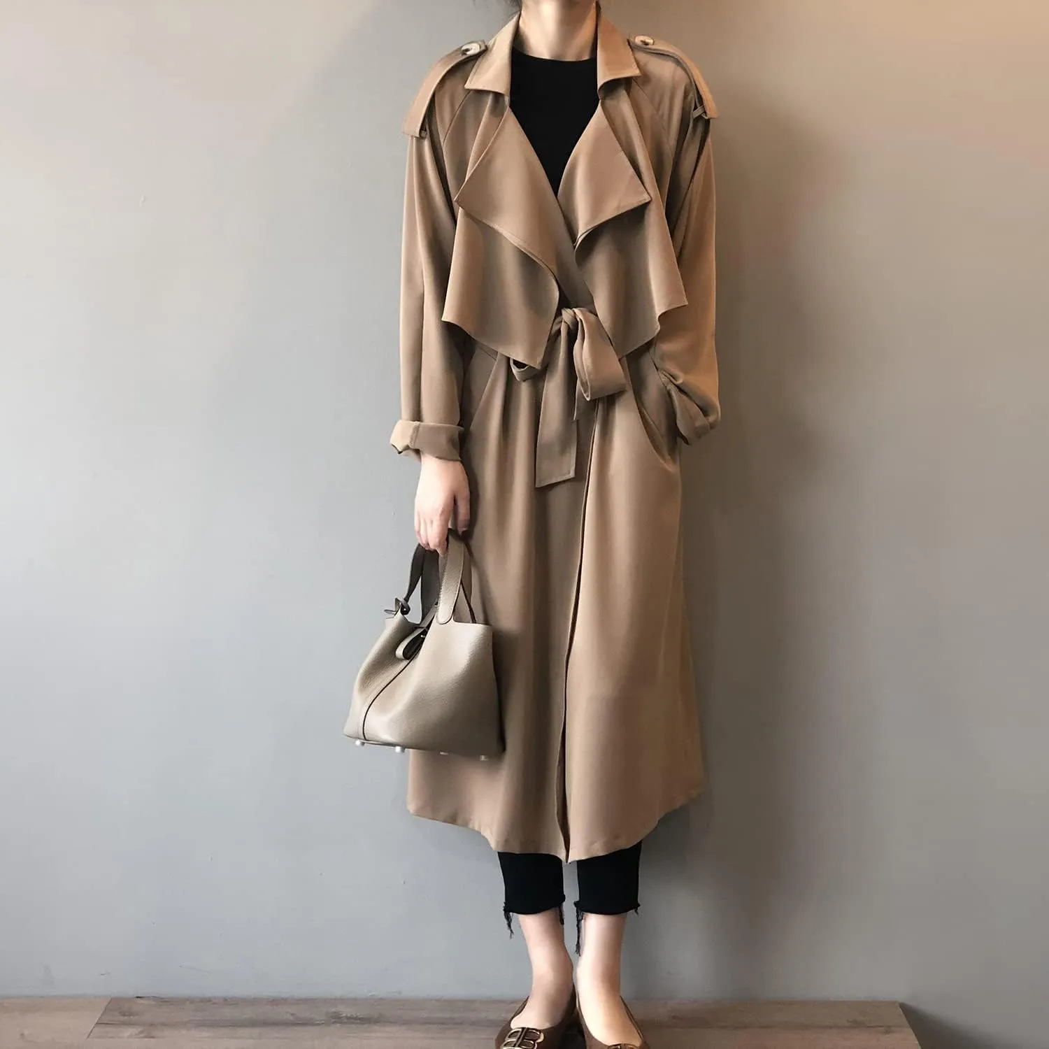 PEHMEA Women's Long Trench Coat Belted Windbreaker Lapel Open Front Weatherproof Outerwear