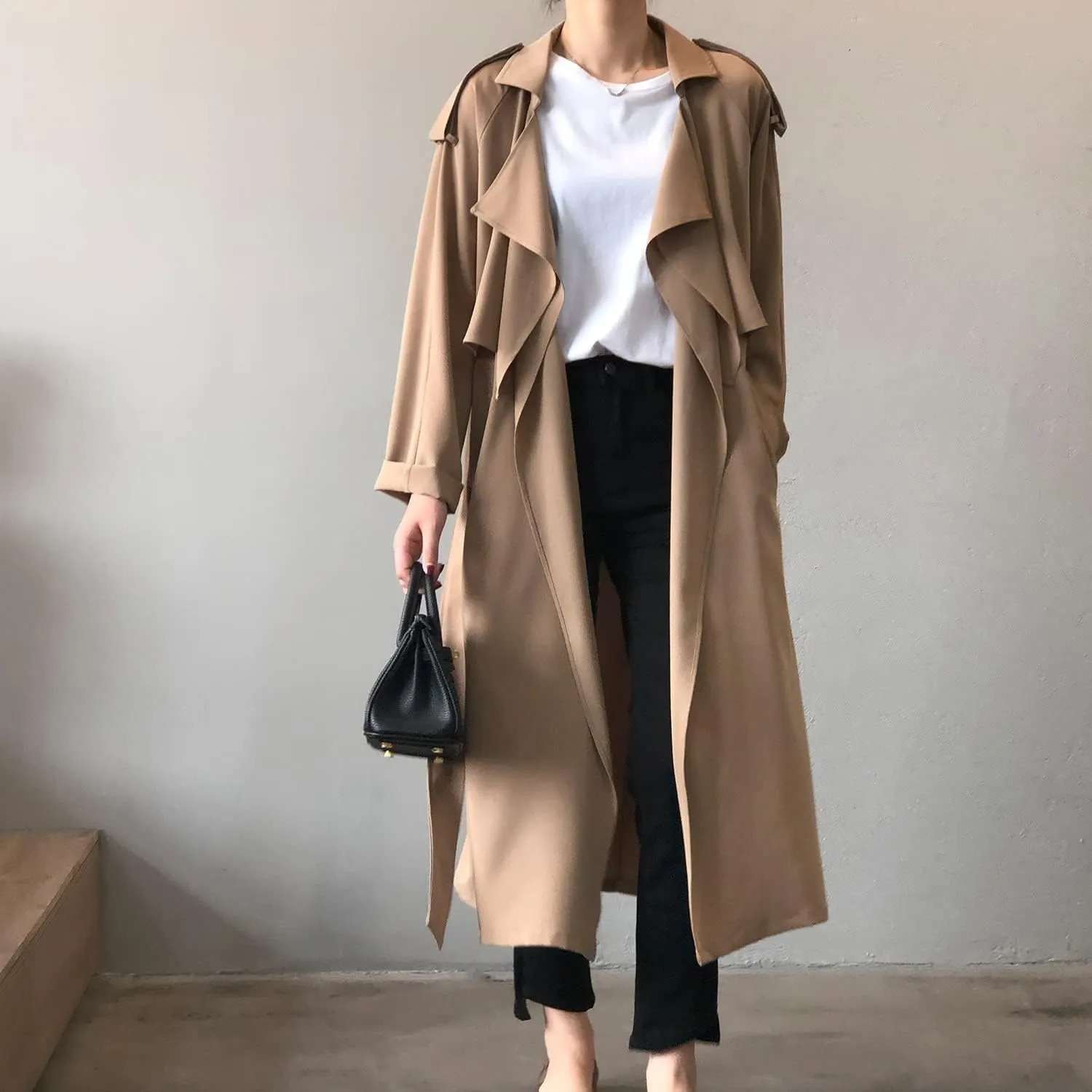PEHMEA Women's Long Trench Coat Belted Windbreaker Lapel Open Front Weatherproof Outerwear