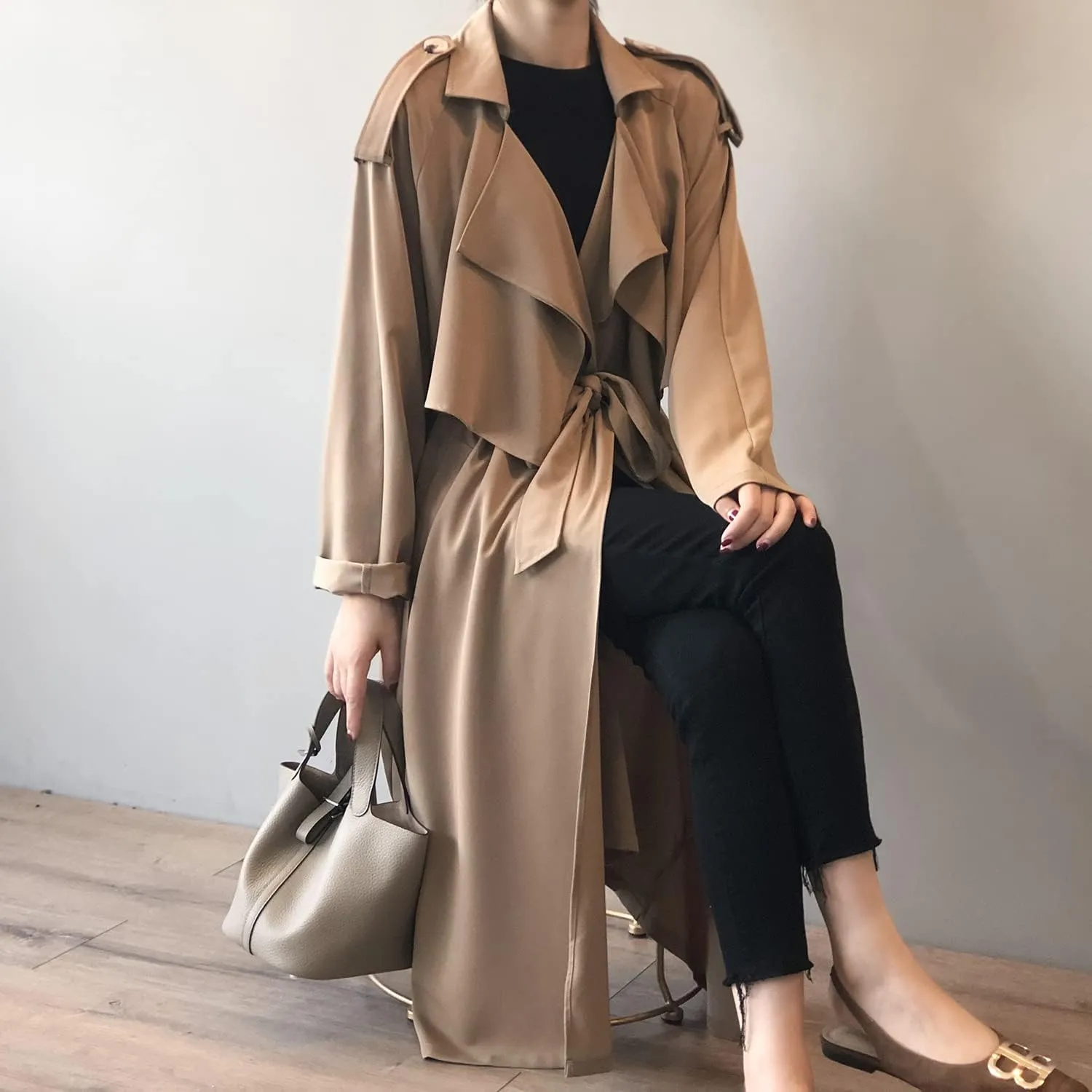 PEHMEA Women's Long Trench Coat Belted Windbreaker Lapel Open Front Weatherproof Outerwear