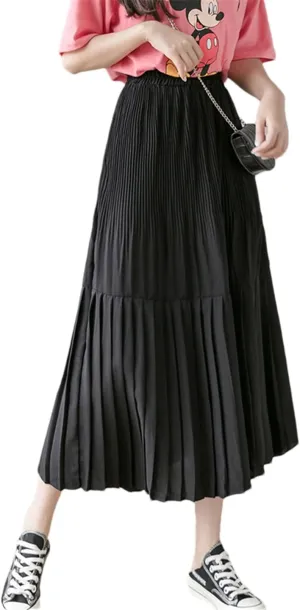 Pulcykp Casual Pleated Midi Skirt for Women Spring Summer Solid High Waist Long Yellow Skirt