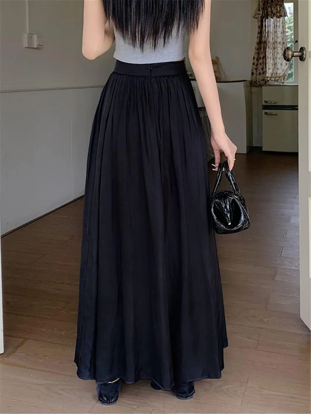 Pulcykp Gradient Long Skirt Women Casual A Line High Waist Pleated Midi Skirt