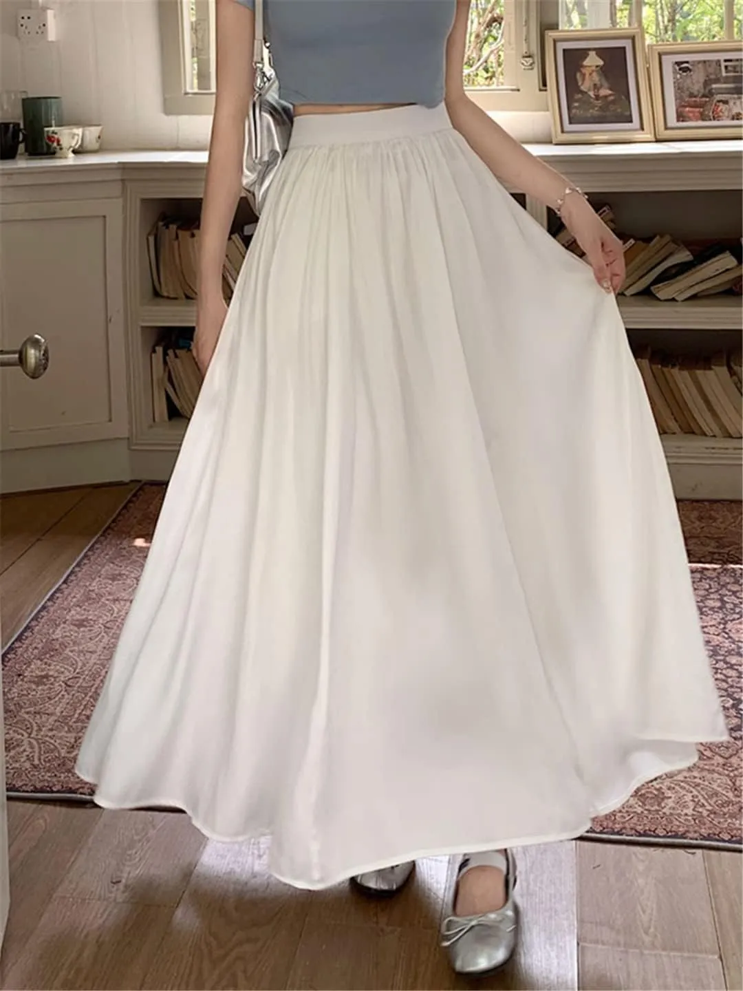 Pulcykp Gradient Long Skirt Women Casual A Line High Waist Pleated Midi Skirt