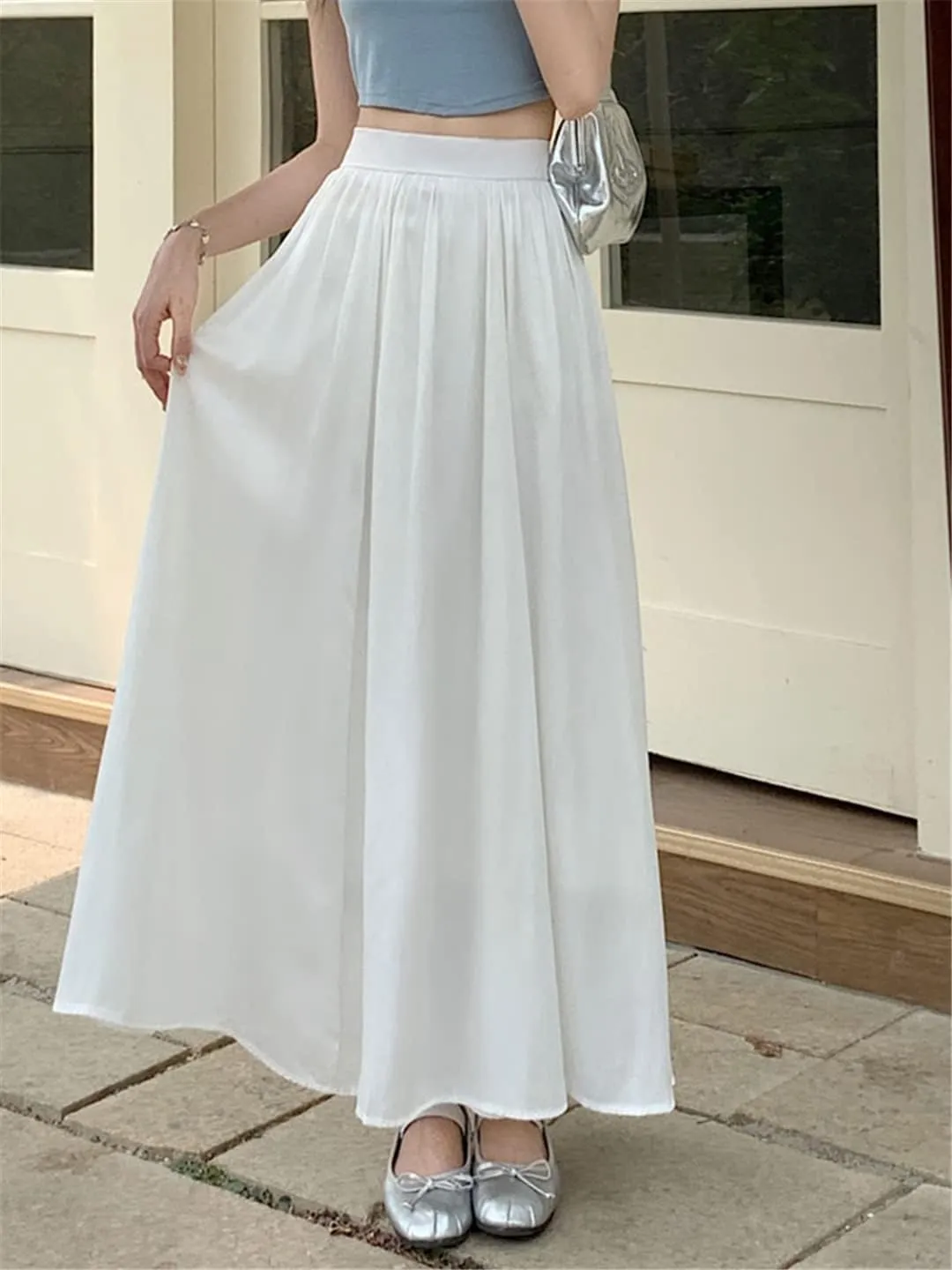 Pulcykp Gradient Long Skirt Women Casual A Line High Waist Pleated Midi Skirt