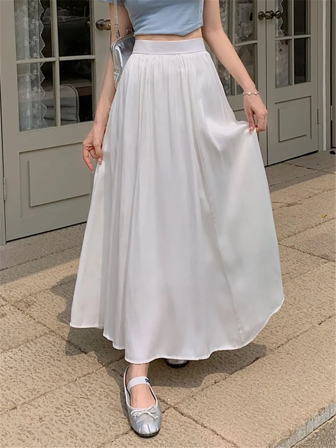 Pulcykp Gradient Long Skirt Women Casual A Line High Waist Pleated Midi Skirt