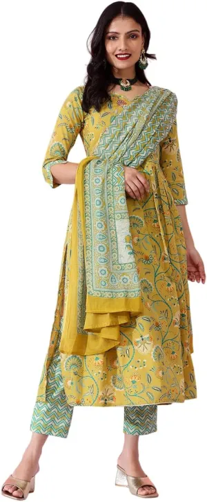 Pure Cotton Kurta Set with Pant & Dupatta, Ready to Wear Indian Suit Set, Traditional Indian Clothing Set