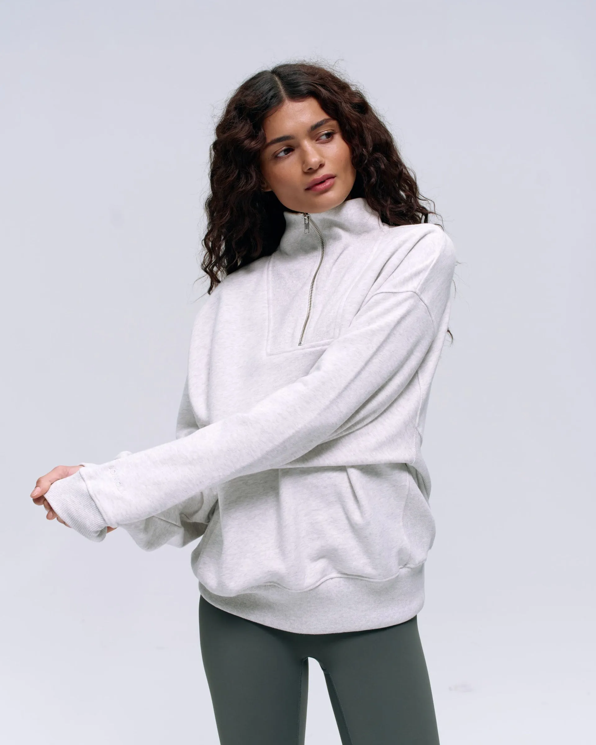 Relaxed Funnel Neck Zip Sweatshirt - Light Grey Melange
