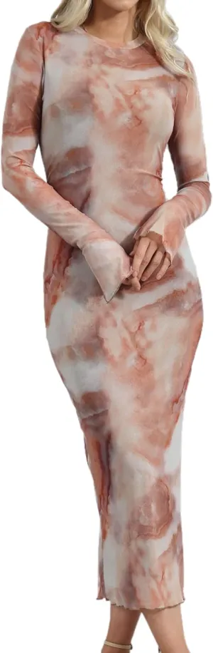 Remelon Bodycon Mesh Maxi Dress for Women Floral Print Long Sleeve Sheer Tulle Side Split Dresses Y2K Club Tie Dye