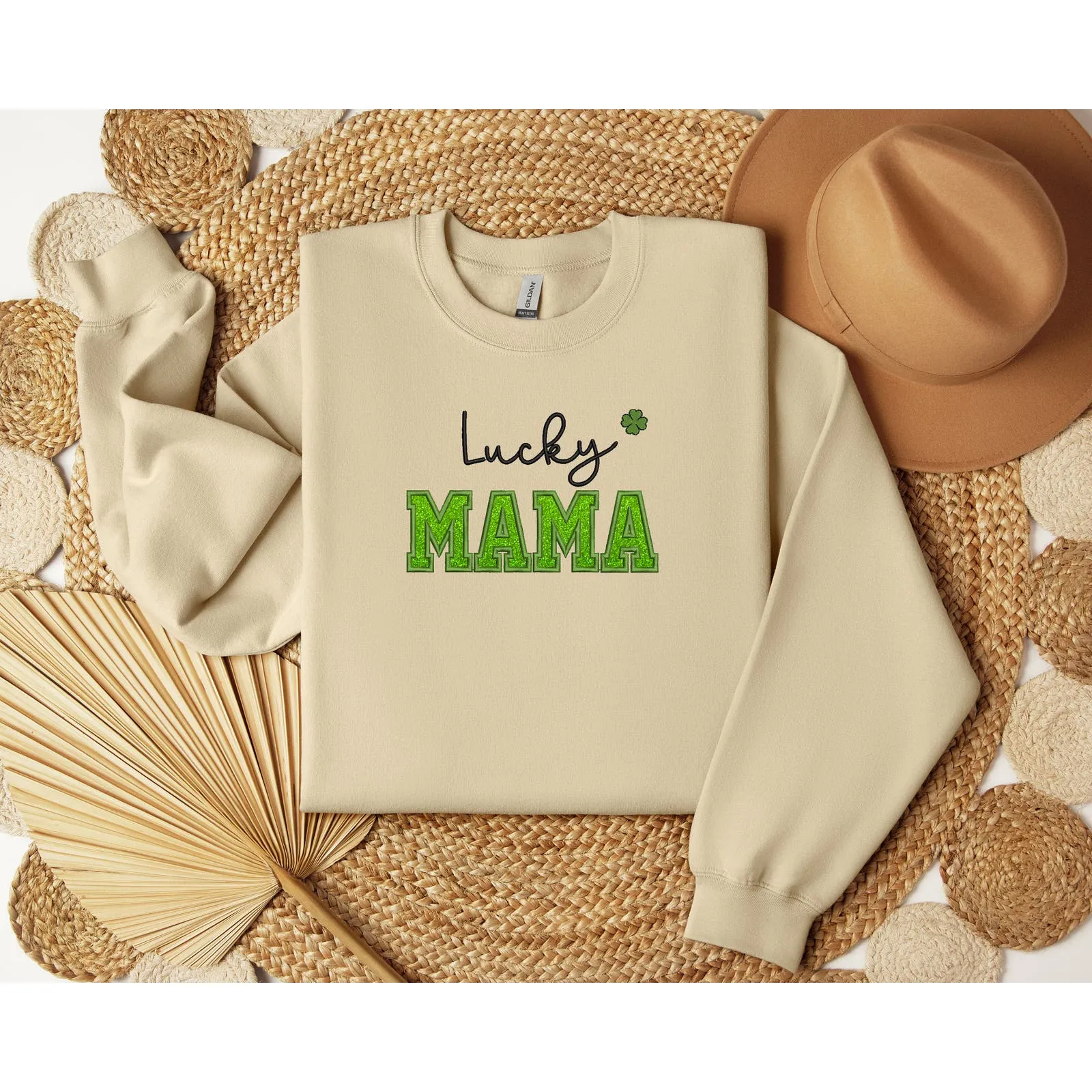 St. Pactrick’s Lucky Mama Embroidery Glitter Crewneck Sweatshirts, Mama Shamrock Sweatshirts, Mom St Pattys Day Outfit, Lucky mom shirts
