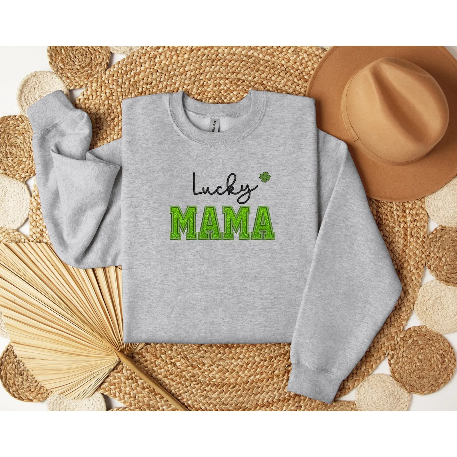 St. Pactrick’s Lucky Mama Embroidery Glitter Crewneck Sweatshirts, Mama Shamrock Sweatshirts, Mom St Pattys Day Outfit, Lucky mom shirts