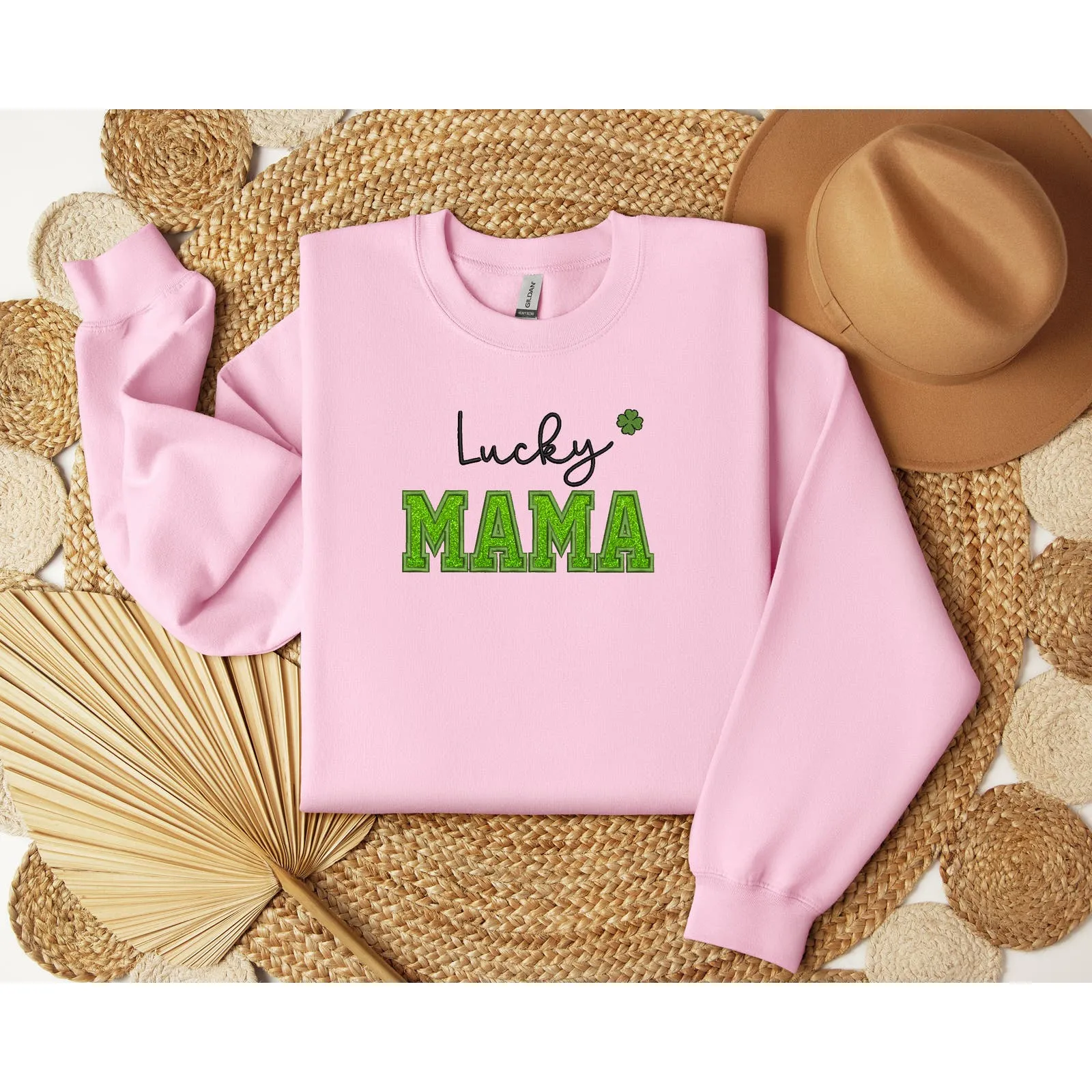 St. Pactrick’s Lucky Mama Embroidery Glitter Crewneck Sweatshirts, Mama Shamrock Sweatshirts, Mom St Pattys Day Outfit, Lucky mom shirts