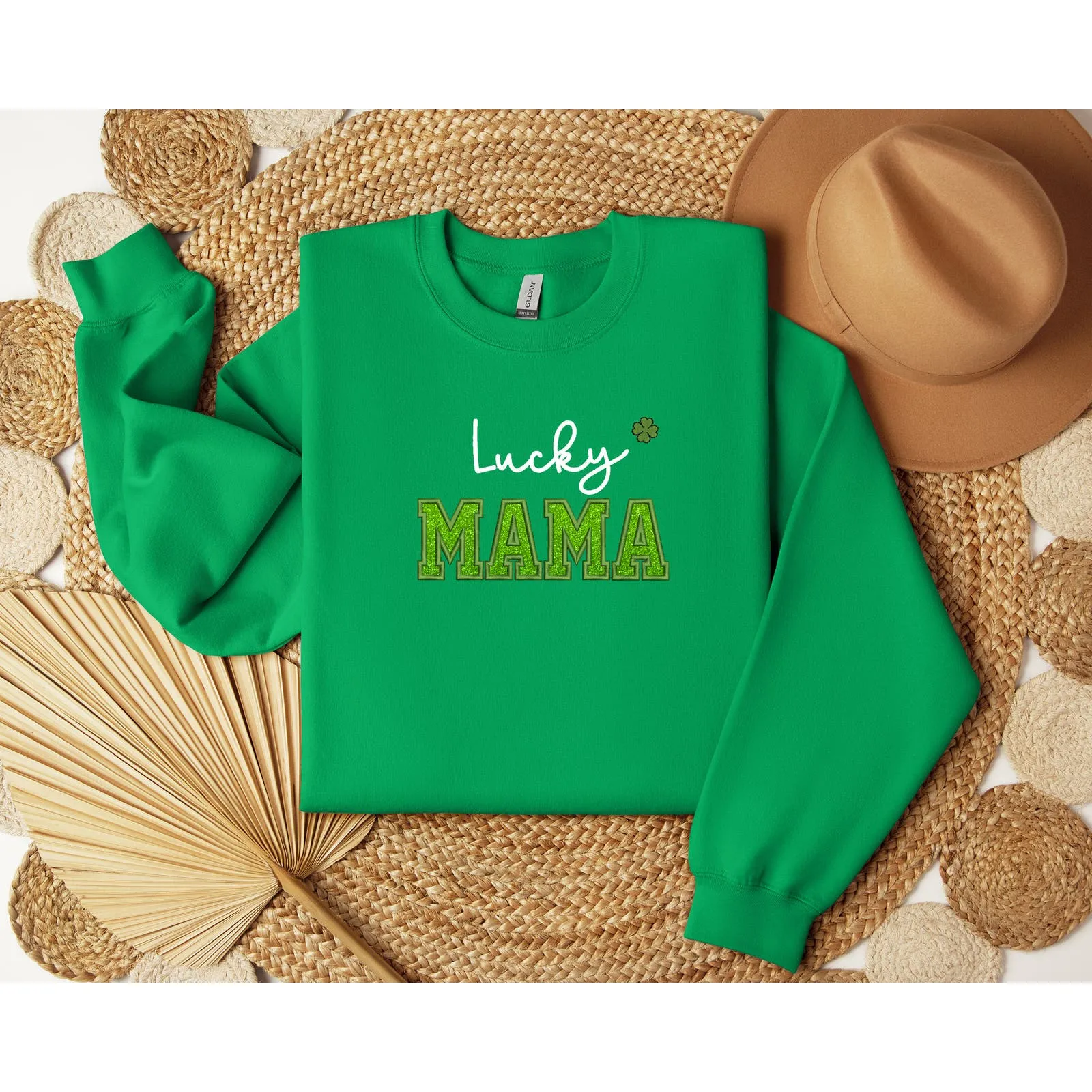 St. Pactrick’s Lucky Mama Embroidery Glitter Crewneck Sweatshirts, Mama Shamrock Sweatshirts, Mom St Pattys Day Outfit, Lucky mom shirts