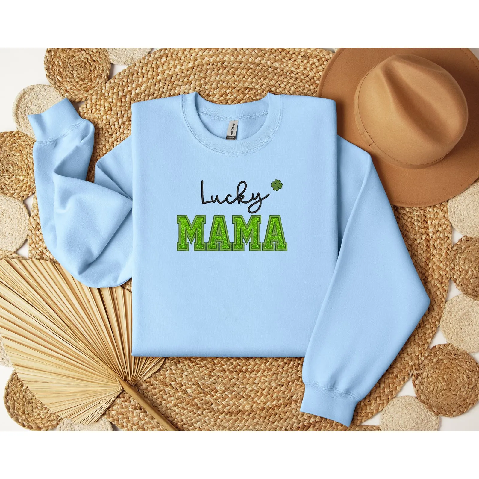 St. Pactrick’s Lucky Mama Embroidery Glitter Crewneck Sweatshirts, Mama Shamrock Sweatshirts, Mom St Pattys Day Outfit, Lucky mom shirts