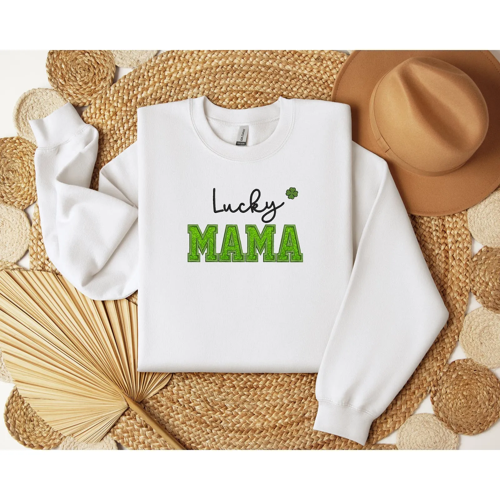 St. Pactrick’s Lucky Mama Embroidery Glitter Crewneck Sweatshirts, Mama Shamrock Sweatshirts, Mom St Pattys Day Outfit, Lucky mom shirts