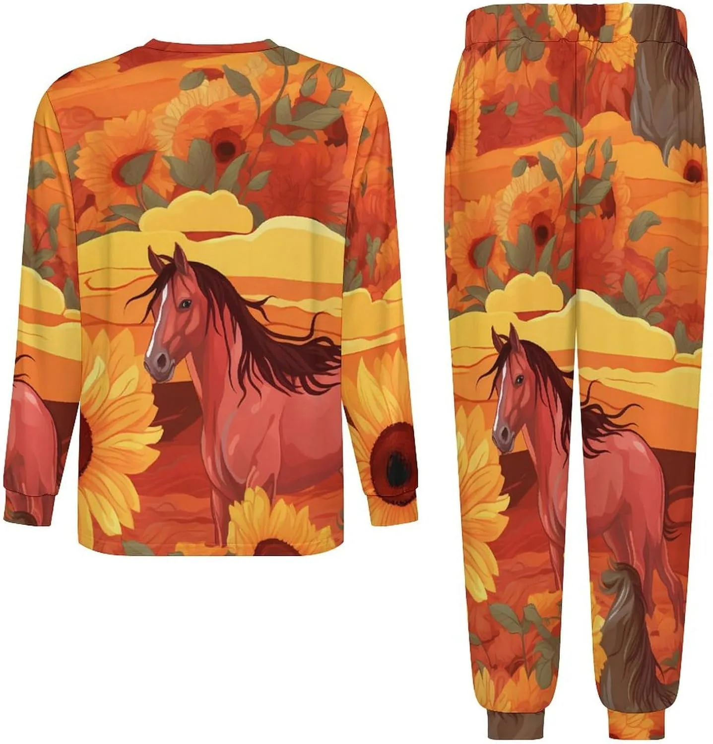 Sunflower Red Horse Mens Pajamas Set Long Sleeve Sleepwear Set Soft Underwear Set Loungewear